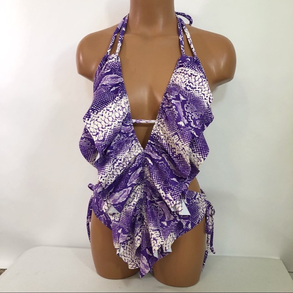Purple snake one piece ruffle swimsuit - Picture 4 of 5